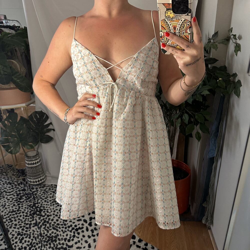 For Love & Lemons Jodi Tencel Eyelet Strappy Mini Dress White Size Large